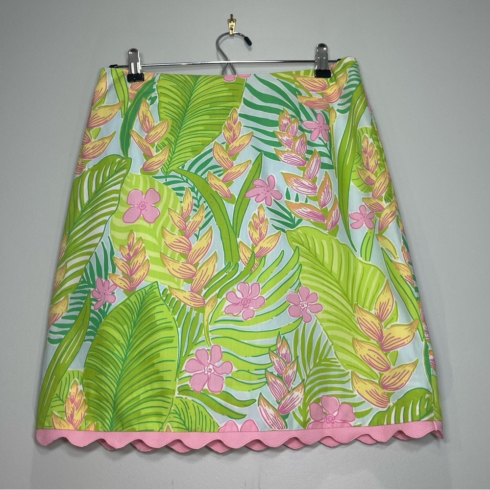 LILLY PULITZER Skirt Botanical Print Green Yellow Pink Scalloped Hem Size 2